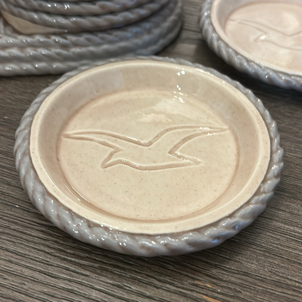 Vintage Ceramic Coaster Set with bottle holder seagull nautical coastal design
